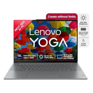 Lenovo Smartchoice Yoga Slim 7 Aura Edition, Intel Core Ultra 7 258V, 47 Tops, Copilot+ AI PC, 32GB RAM, 1TB SSD, 15"(38.86cm), Windows 11, MS Office Home 2024, Grey, 1.53Kg, 83HM004NIN, AI Laptop